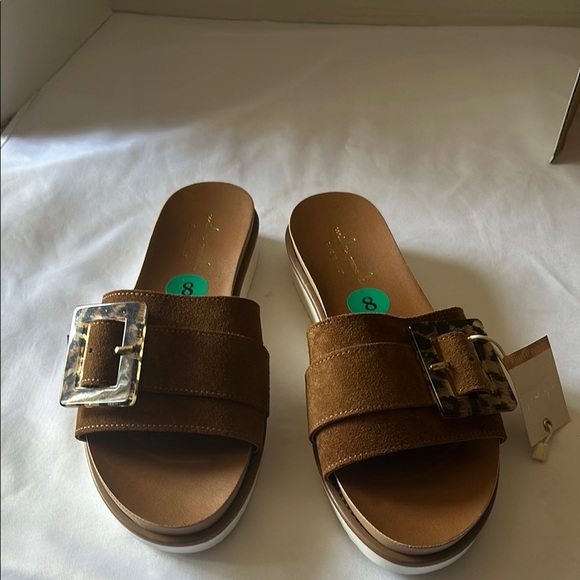 Mila Paoli Brown Slide Sandals with Tortoise Buckle - Picture 1 of 4